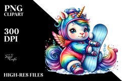 Colorful Unicorn with Snowboard PNG Product Image 1