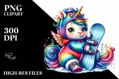 Colorful Unicorn with Snowboard PNG Product Image 1