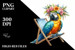 Young Macaw with Flowers Sitting on Beach Chair | Clipart Product Image 1