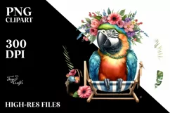 Young Macaw with Flowers Sitting on Beach Chair | Clipart Product Image 1