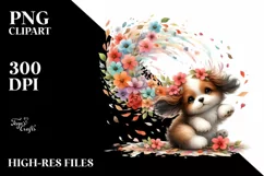 Colorful Dog Tumbling Petals Watercolor Sticker Clipart Product Image 1