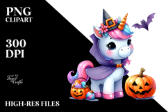 Cute Baby Unicorn with Pumpkins, Watercolor PNG Product Image 2