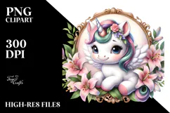 Pastel Unicorn with Lily Frame | Sublimation | Clipart Product Image 2