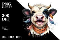 Detailed Boho Cow Portrait Smiling with Tongue Out Product Image 3
