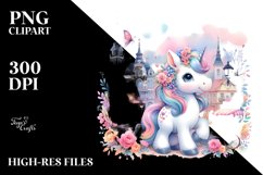 Colorful Baby Unicorn in Village Square, PNG Product Image 3