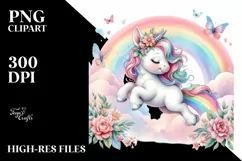 Jumping Baby Unicorn over Rainbow, Magical PNG Product Image 1