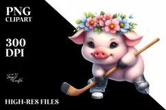 Watercolor Pastel Baby Pig Playing Hockey Product Image 1
