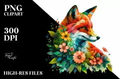 Vibrant Watercolor Fox with Flowers, PNG Product Image 3