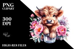a Cute Baby Highland Cow Peonies Floral Ornament | Clipart Product Image 1