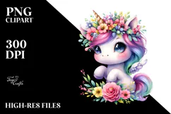 Cute Unicorn Playing with Floral Wreath PNG Product Image 2
