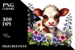 Cute Baby Highland Cow with Lobelia Floral Frame PNG Product Image 2