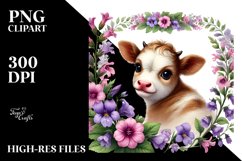 Cute Baby Highland Cow with Lobelia Floral Frame PNG Product Image 2