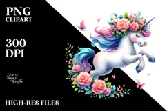 Jumping Unicorn with Floral Wreath, Bright PNG Product Image 2
