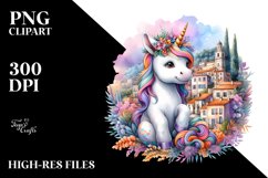 colorful baby unicorn with Provencal Town, Sublimation PNG Product Image 3
