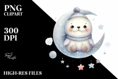 Cute Baby Walrus on Moon PNG Product Image 1