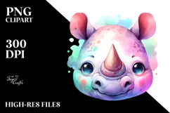 Cute Vibrant Rhino Watercolor Clipart Product Image 2