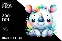 Cute Vibrant Rhino Watercolor Clipart Product Image 4