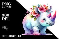 Cute Vibrant Rhino Watercolor Clipart Product Image 2