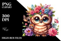 Goofy Baby Owl with Floral Wreath, Colorful PNG Product Image 1