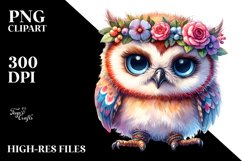 Goofy Baby Owl with Floral Wreath, Colorful PNG Product Image 1