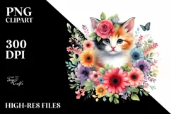 Colorful Kitten Floral Watercolor | Sublimation | Clipart Product Image 3