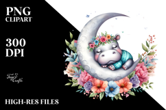Baby Hippo Sleeping on the Moon Boho Floral Clipart Product Image 2