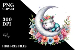 Baby Hippo Sleeping on the Moon Boho Floral Clipart Product Image 2