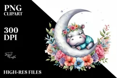 Baby Hippo Sleeping on the Moon Boho Floral Clipart Product Image 1