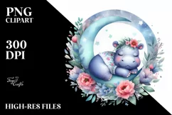 Baby Hippo Sleeping on the Moon Boho Floral Clipart Product Image 1