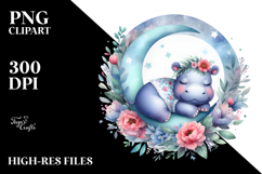 Baby Hippo Sleeping on the Moon Boho Floral Clipart Product Image 2