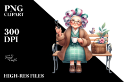 Watercolor Old Lady Bench Tea Cup Hair Curlers Clipart Product Image 2