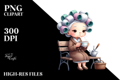 Watercolor Old Lady Bench Tea Cup Hair Curlers Clipart Product Image 2