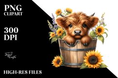 Cute Highland Cow in Wood Bucket with Sunflower, PNG Product Image 1