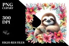 Vibrant Baby Sloth Floral Frame | Sublimation Clipart Product Image 3