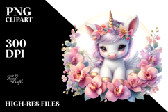 Cute Baby Unicorn Orchid Frame Watercolor Clipart Product Image 2