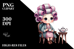 Watercolor Old Lady Chair Tea Cup Hair Curlers Clipart Product Image 2
