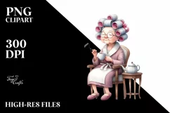 Watercolor Old Lady Chair Tea Cup Hair Curlers Clipart Product Image 3