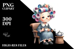 Watercolor Old Lady Chair Tea Cup Hair Curlers Clipart Product Image 2