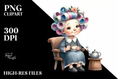 Watercolor Old Lady Chair Tea Cup Hair Curlers Clipart Product Image 3