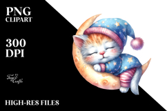 Baby Kitten Sleeping on the Moon Watercolor Clipart Product Image 2