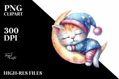 Baby Kitten Sleeping on the Moon Watercolor Clipart Product Image 4