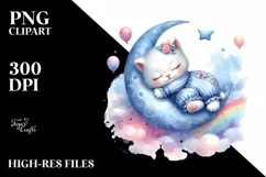 Baby Kitten Sleeping on the Moon Watercolor Clipart Product Image 3
