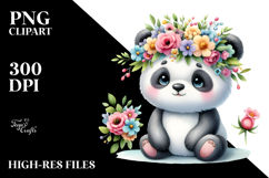 Panda Sitting Flower Crown Watercolor Clipart Product Image 2