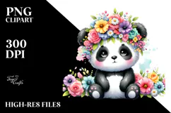 Panda Sitting Flower Crown Watercolor Clipart Product Image 2