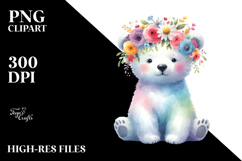 Polar Bear Sitting Flower Crown Watercolor Clipart Product Image 2
