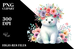 Polar Bear Sitting Flower Crown Watercolor Clipart Product Image 2