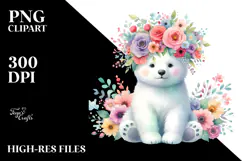 Polar Bear Sitting Flower Crown Watercolor Clipart Product Image 2