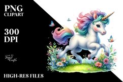 Watercolor Baby Unicorn Skipping Meadow PNG Product Image 3