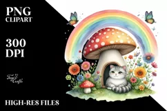 Colorful CAT House Mushroom Rainbow Bird Butterfly Clipart Product Image 1