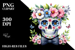 Watercolor Cute Skull with Spring Flowers, PNG Product Image 2